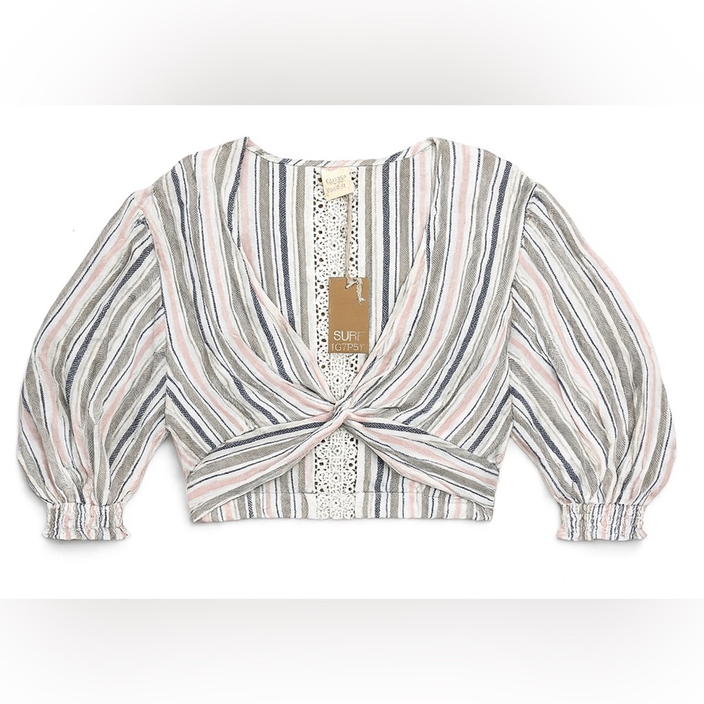 Surf Gypsy Pink/Green/Gold Striped Twist Crop Top Blouse